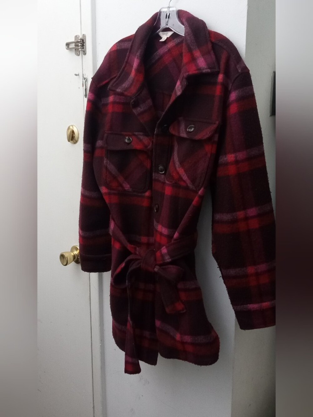 Terra & Sky Burgundy Plaid Belted  Flannel Jacket